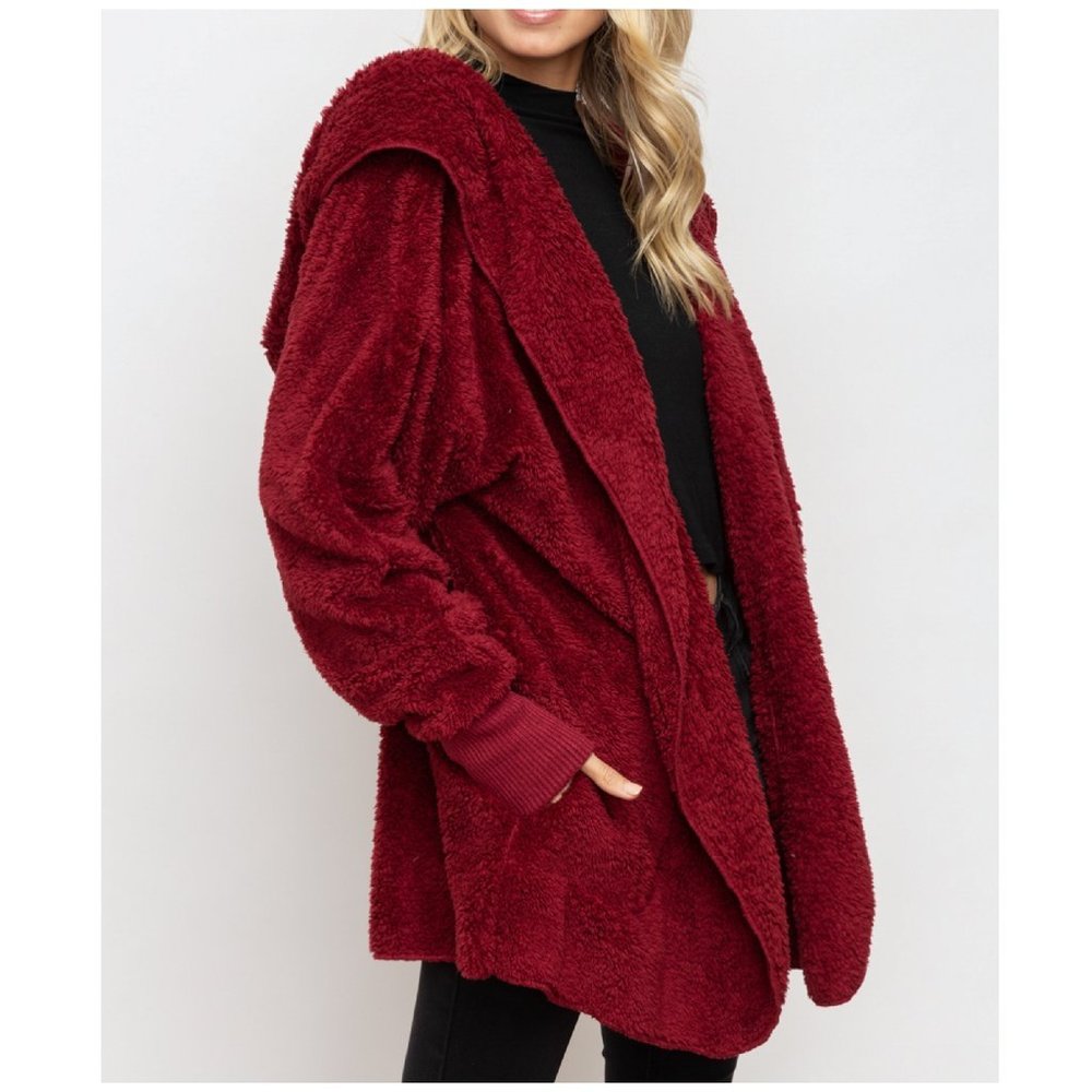 Hooded Teddy Fleece Cardigan In Merlot Red - Picture 2 of 4